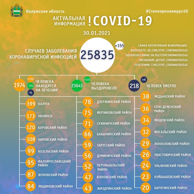 В Калужской области 4 человека скончались от коронавируса 30 января