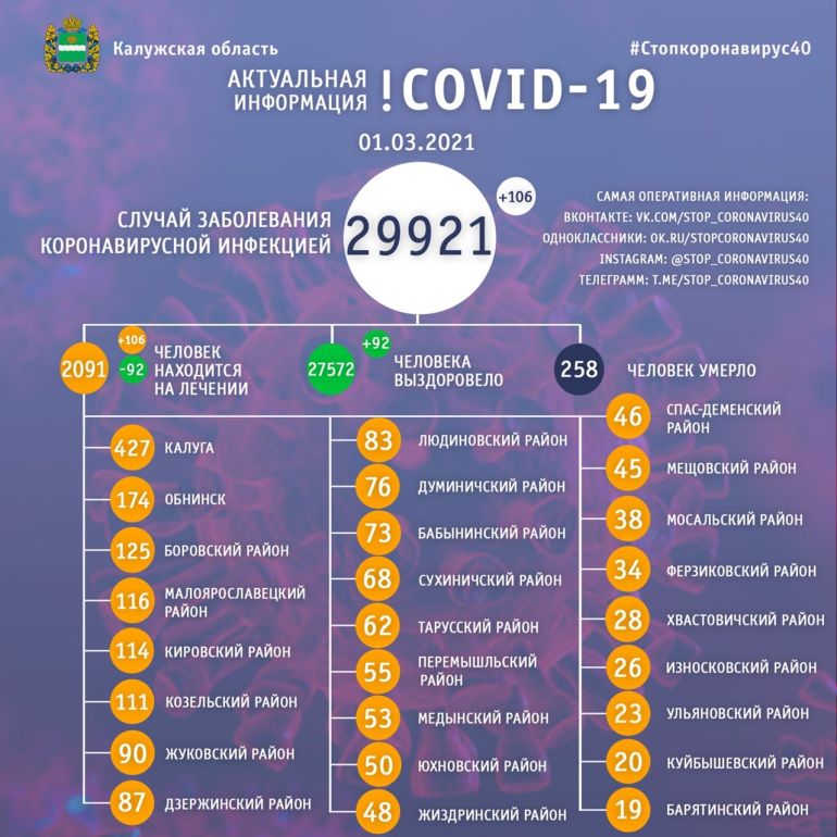 В Калужской области количество больных коронавирусом приблизилось к 30 тысячам
