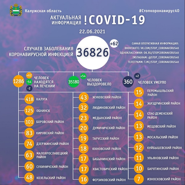Количество жертв COVID-19 в Калужской области увеличилось до 360