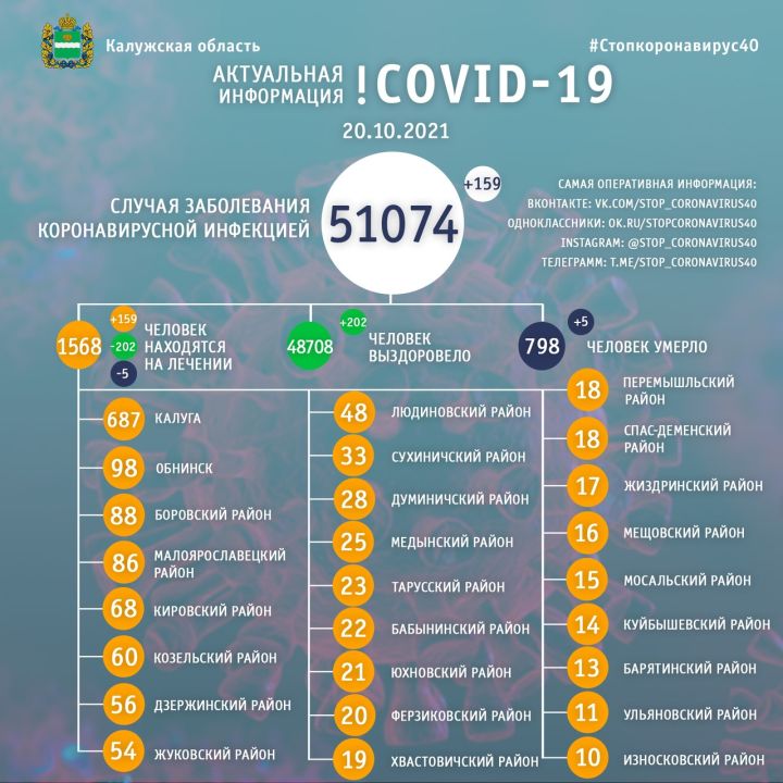 Пять человек скончались от коронавируса в Калужской области 20 октября